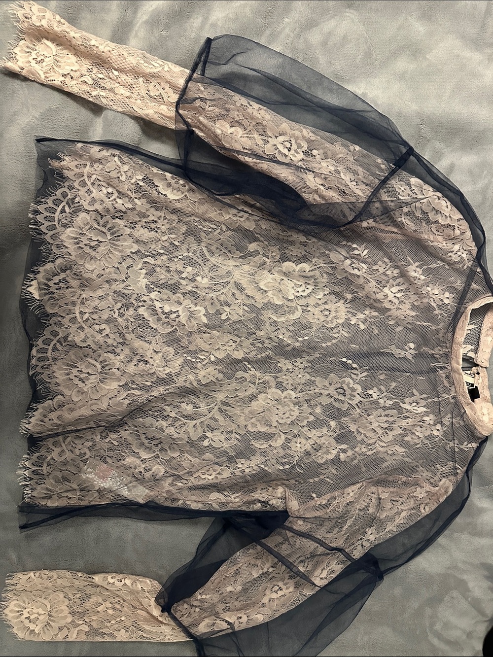 Sheer Mesh Overlay Lace Blouse in Blush and Navy Blue
